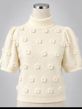 English Factory NWOT 3D Floral Puff Sleeve Mock Neck Sweater S